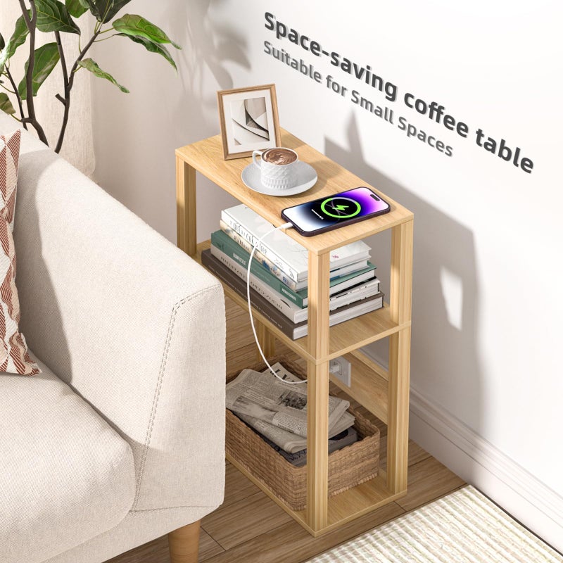 YUFAM 3 Tier Small Narrow Bamboo Side Table Set of 2 with Charging Station - Skinny Nightstand for Small Spaces, Slim Bedside Table with USB Ports and Outlets - Thin End Table with Storage, Natural - Image 5