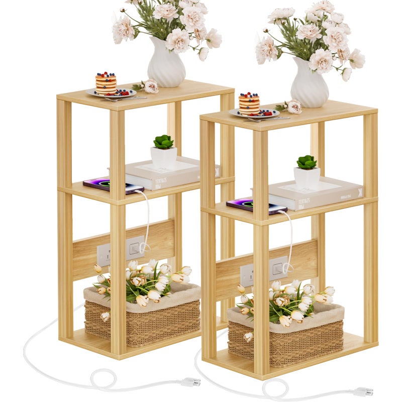 YUFAM 3 Tier Small Narrow Bamboo Side Table Set of 2 with Charging Station - Skinny Nightstand for Small Spaces, Slim Bedside Table with USB Ports and Outlets - Thin End Table with Storage, Natural - Image 1
