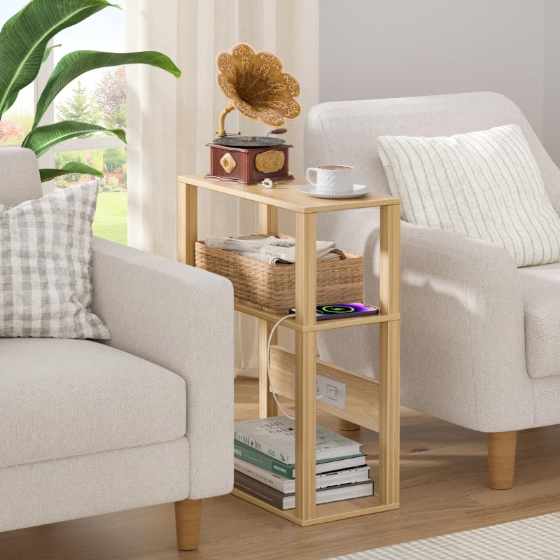 YUFAM 3 Tier Small Narrow Bamboo Side Table Set of 2 with Charging Station - Skinny Nightstand for Small Spaces, Slim Bedside Table with USB Ports and Outlets - Thin End Table with Storage, Natural - Image 4