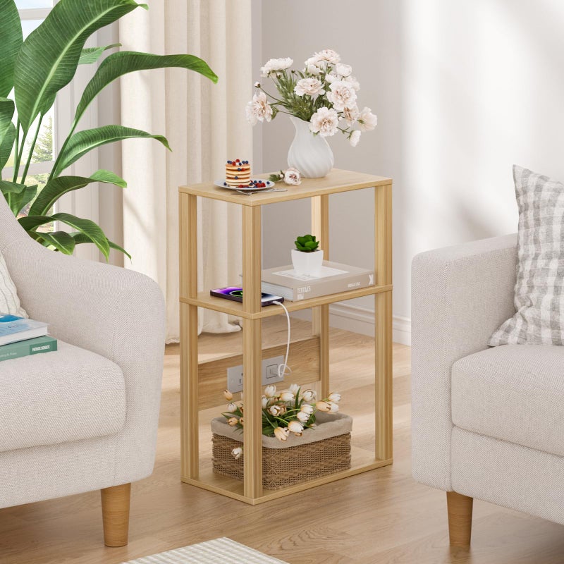 YUFAM 3 Tier Small Narrow Bamboo Side Table Set of 2 with Charging Station - Skinny Nightstand for Small Spaces, Slim Bedside Table with USB Ports and Outlets - Thin End Table with Storage, Natural - Image 2