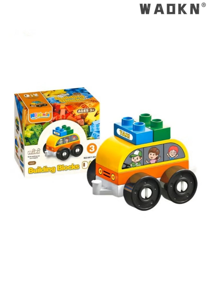WAOKN New Kids Early Education Easy Assembling Building Blocks Toy Cars Cute and Fetching City Transportation Vehicle Series Taxi Preschool Boys and Girls Ages 2-5