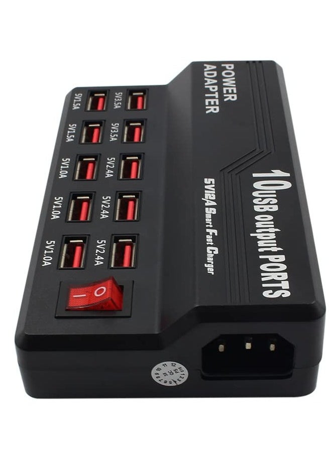 Multifunctional High Speed 10-Port USB AC to DC Power Socket USB Charging Station Travel Charger for Smart Phones Pad Tablet & USB-Powered Devices EU Plug
