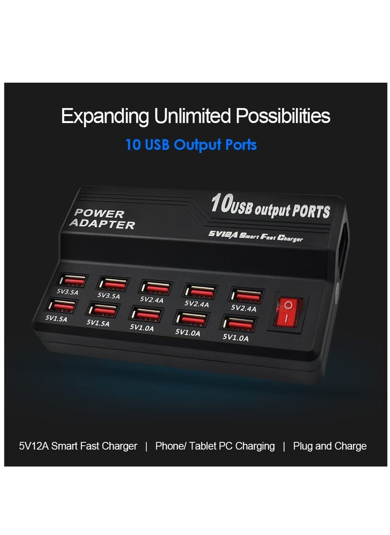 Multifunctional High Speed 10-Port USB AC to DC Power Socket USB Charging Station Travel Charger for Smart Phones Pad Tablet & USB-Powered Devices EU Plug