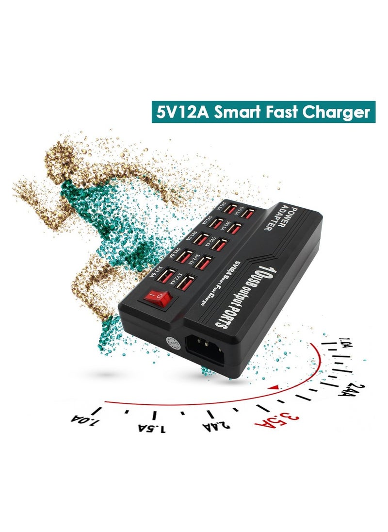 Multifunctional High Speed 10-Port USB AC to DC Power Socket USB Charging Station Travel Charger for Smart Phones Pad Tablet & USB-Powered Devices EU Plug
