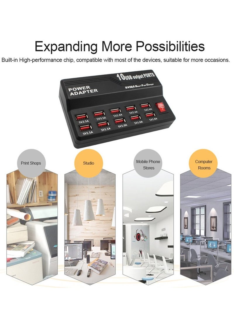 Multifunctional High Speed 10-Port USB AC to DC Power Socket USB Charging Station Travel Charger for Smart Phones Pad Tablet & USB-Powered Devices EU Plug