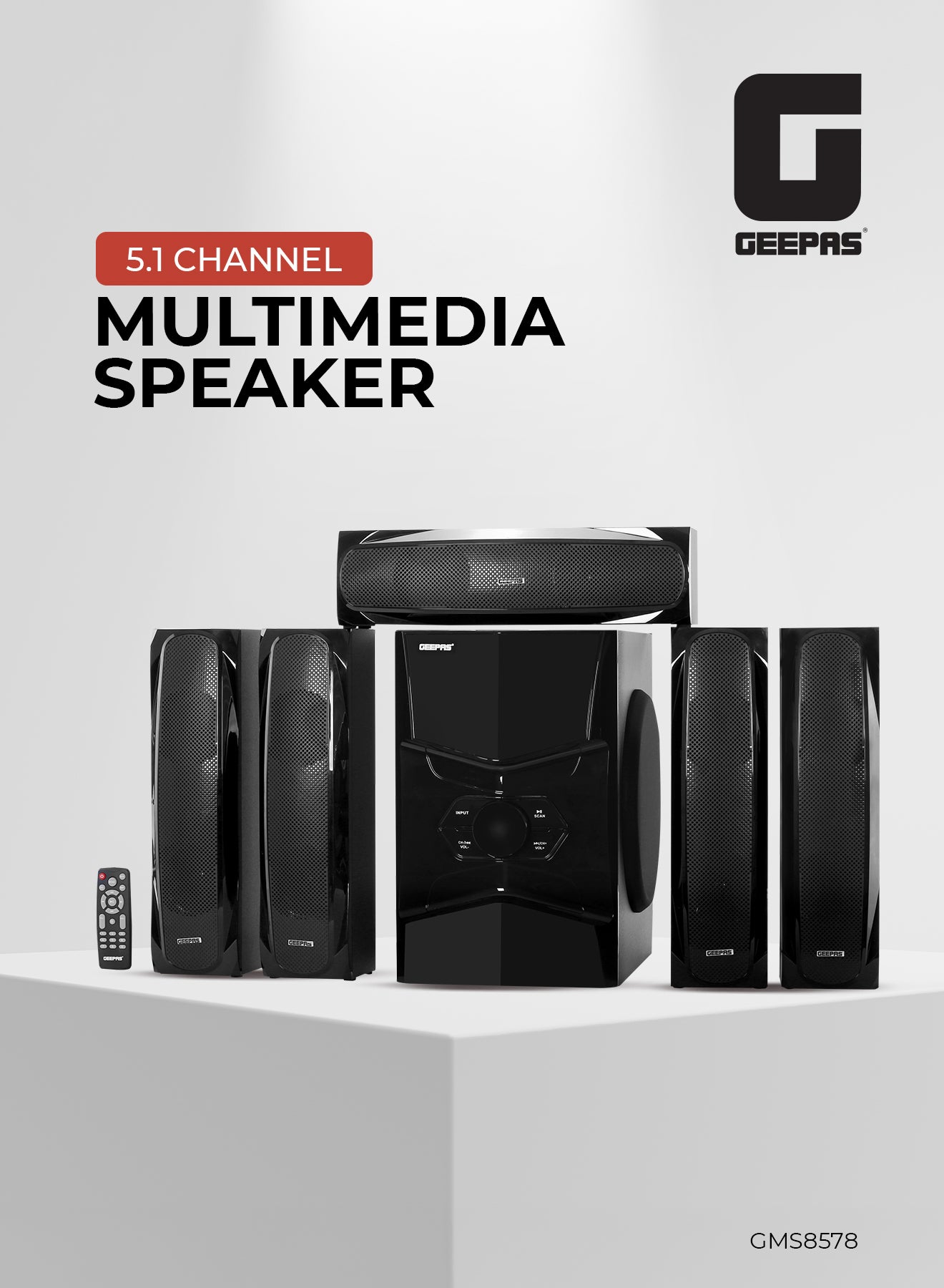 GEEPAS 5.1 Channel Multimedia Speaker System With Remote Control- FM Radio, Bluetooth, USB Input, SD Card Reader, Karaoke Function| LED Display, 50000W PMPO Speaker Unit| 2 Years Warranty GMS8578 Black GMS8578 Black
