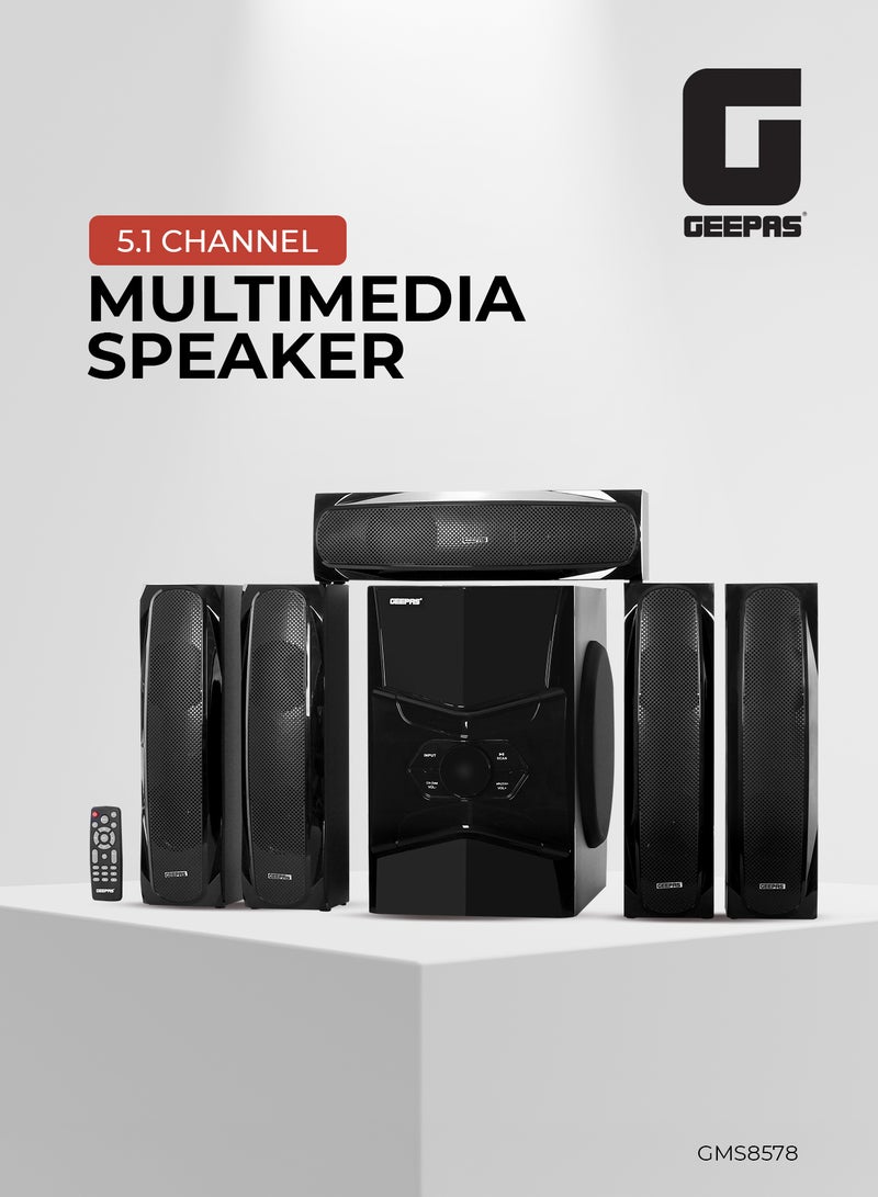GEEPAS 5.1 Channel Multimedia Speaker System With Remote Control- FM Radio, Bluetooth, USB Input, SD Card Reader, Karaoke Function| LED Display, 50000W PMPO Speaker Unit| 2 Years Warranty GMS8578 Black GMS8578 Black - Image 1