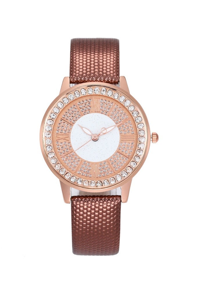 Fashionable ladies watch with diamonds and straps, quartz ladies watch (brown)