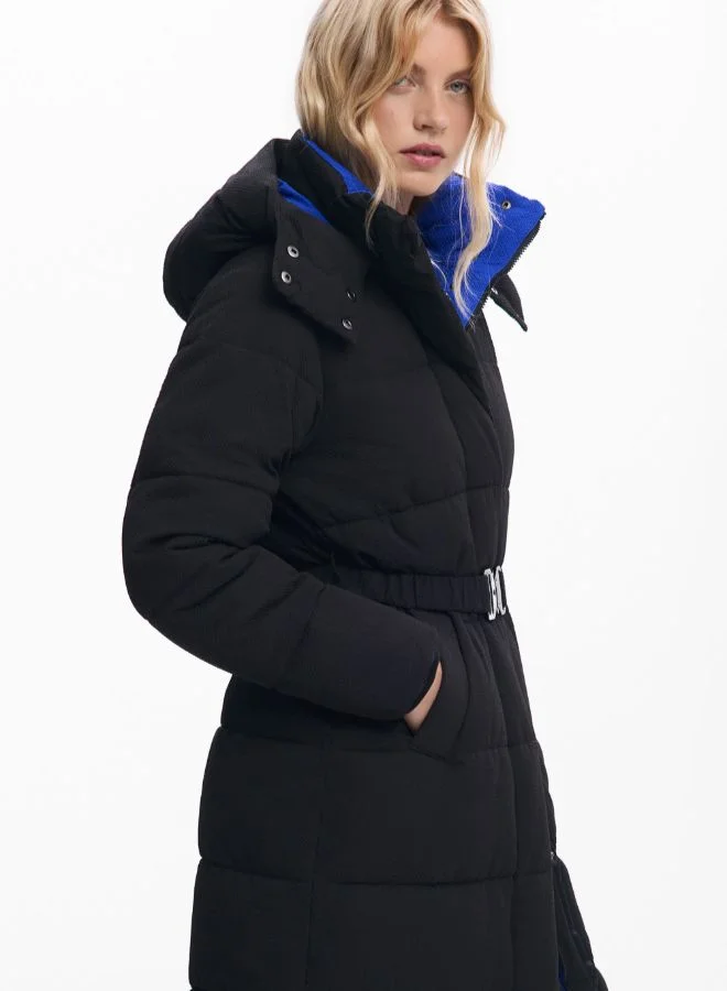 DESIGUAL Black Long padded jacket with belt for Women | Best Price UAE