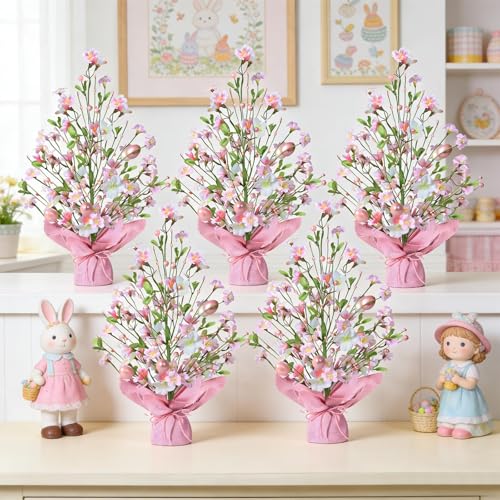 YLOLUL 6 PCS Small Easter Eggs Tree Decorations Mini Artificial Easter Pink Egg Flower Tree Tabletop Decorations for Home Party Wedding Holiday Farmhouse Holiday Spring Summer Mantel Office Table Decor - Image 1