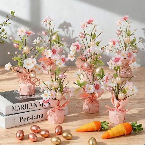 YLOLUL 6 PCS Small Easter Eggs Tree Decorations Mini Artificial Easter Pink Egg Flower Tree Tabletop Decorations for Home Party Wedding Holiday Farmhouse Holiday Spring Summer Mantel Office Table Decor - Image 3