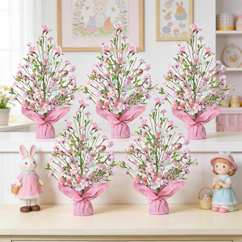 YLOLUL 6 PCS Small Easter Eggs Tree Decorations Mini Artificial Easter Pink Egg Flower Tree Tabletop Decorations for Home Party Wedding Holiday Farmhouse Holiday Spring Summer Mantel Office Table Decor - Image 2