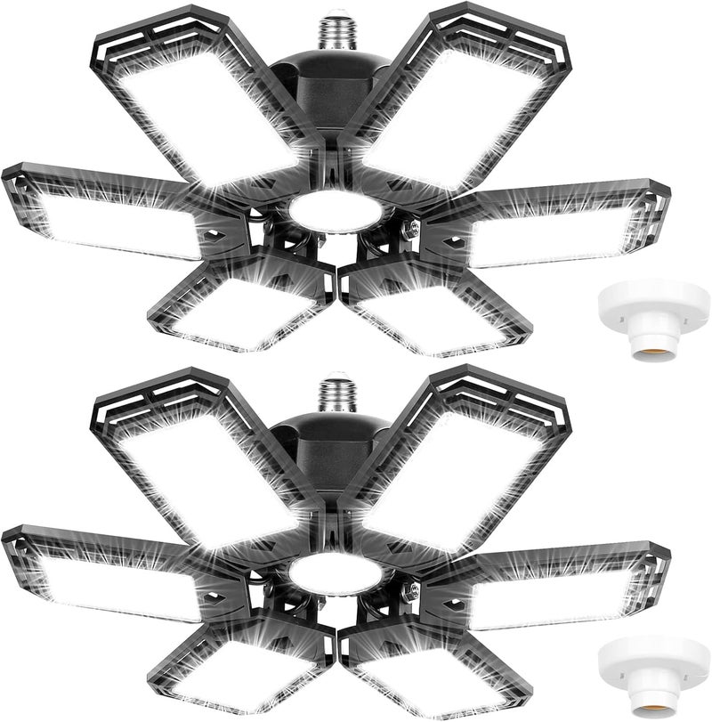 Luyata 2 Pack LED Garage Lights 180W Deformable 18000LM Close to Ceiling Light Fixtures E26 E27 Screw-in Six Leaf Glow Lighting, Ultra Bright LED Shop Light with 6 Adjustable Panels for Work Shop Warehouse - Image 1