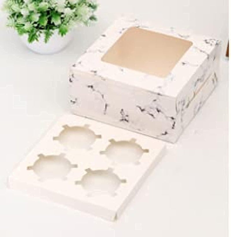 Red Dot Gift صندوق كعك كرافت ورقي REDDOTGIFT® 4 تجاويف (عبوة من 12) مع إدراج حاويات كعك مخبز لحاملات الكعك لمتجر الحلويات المنزلي (رخامي) - Image 1