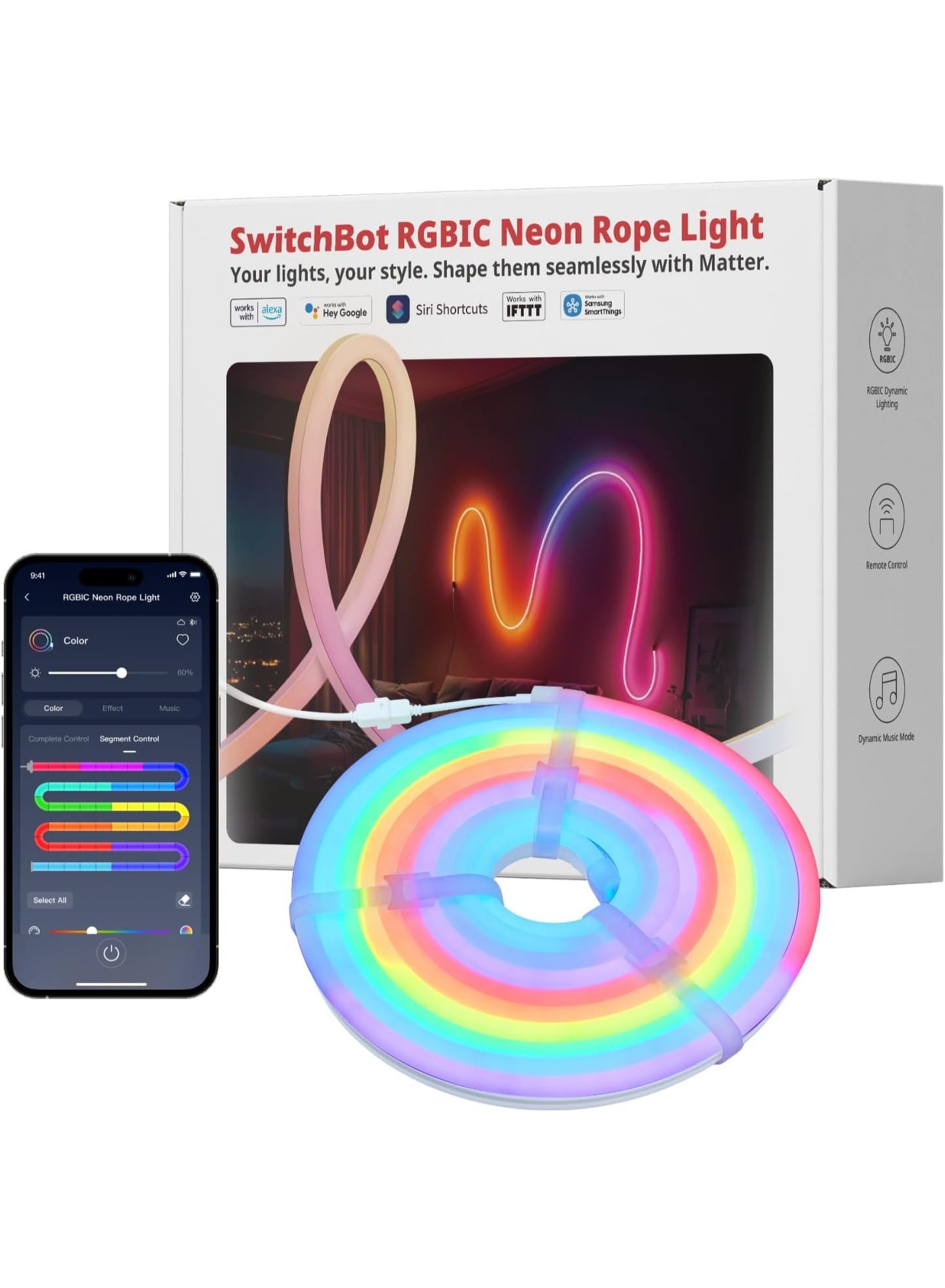 RGBIC Neon Rope Light 5M Smart LED Strip Light Matter Certified, Works with Apple Home & Google Home, Music Sync Neon Lights with 16 Million Colors, Flexible LED Rope Light for Bedroom Gaming Room Wall Decor