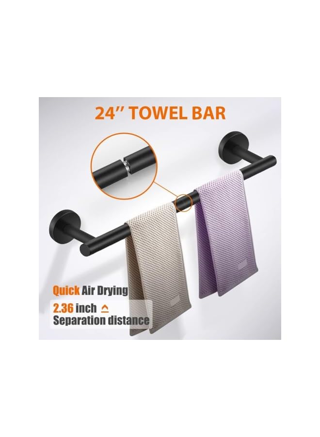 PROMASS 5-Pieces Matte Black Bathroom Hardware Set SUS304 Stainless Steel Round Wall Mounted Bathroom Accessories Kit(Includes 24" Hand Towel Bar, Toilet Paper Holder, 3 Robe Towel Hooks) - Image 2