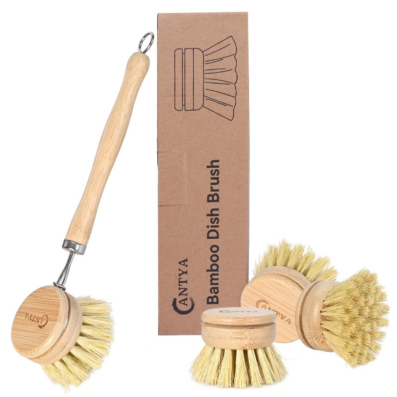 ANTYA Bamboo Dish Brush with Handle 4 Replacement Heads, Eco Friendly Vegetable Scrubber, Compostable & Sustainable, Bamboo Dish Scrubber Brush for Cleaning Kitchen Utensils(Soft Bristles) - Image 1