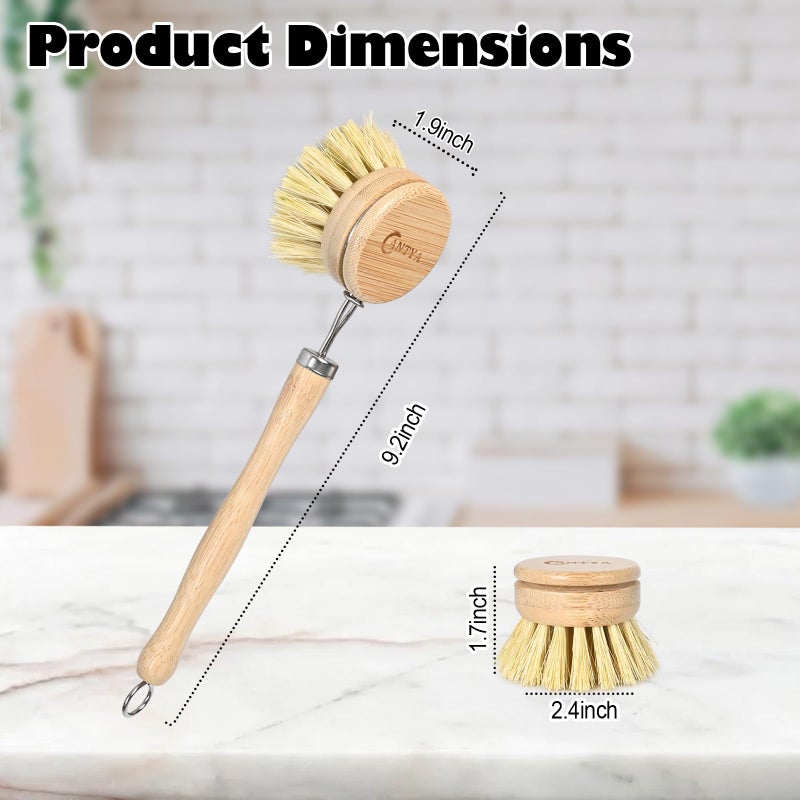 ANTYA Bamboo Dish Brush with Handle 4 Replacement Heads, Eco Friendly Vegetable Scrubber, Compostable & Sustainable, Bamboo Dish Scrubber Brush for Cleaning Kitchen Utensils(Soft Bristles) - Image 2