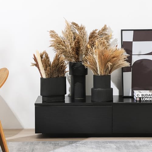 YANWE1 Black Ceramic Flower Vase, Large Ceramic Vase, Boho Decorative Vases for Modern Decor, Ribbed Vase, Pampas Grass Vases for Living Room, Office, Mantel, Shelf, Dining Table, 7.5 Inches - Image 5