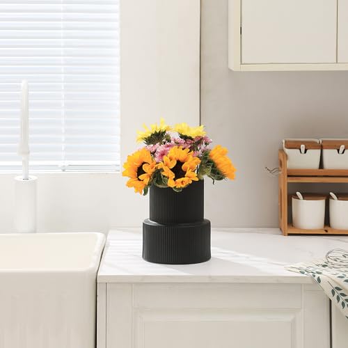 YANWE1 Black Ceramic Flower Vase, Large Ceramic Vase, Boho Decorative Vases for Modern Decor, Ribbed Vase, Pampas Grass Vases for Living Room, Office, Mantel, Shelf, Dining Table, 7.5 Inches - Image 3
