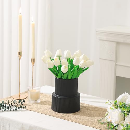 YANWE1 Black Ceramic Flower Vase, Large Ceramic Vase, Boho Decorative Vases for Modern Decor, Ribbed Vase, Pampas Grass Vases for Living Room, Office, Mantel, Shelf, Dining Table, 7.5 Inches - Image 4