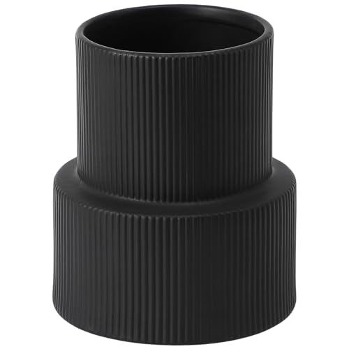 YANWE1 Black Ceramic Flower Vase, Large Ceramic Vase, Boho Decorative Vases for Modern Decor, Ribbed Vase, Pampas Grass Vases for Living Room, Office, Mantel, Shelf, Dining Table, 7.5 Inches - Image 1