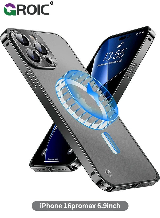 GROIC Metal Frame Black Case for iPhone 16 Pro Max, Ultra Slim Frosted PC Matte Back with Lanyard Holes Lock Type Aluminum Alloy Bumper - Image 1