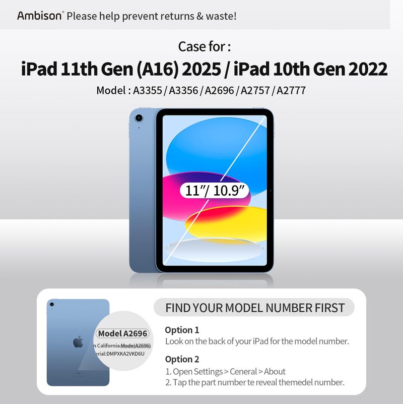 Ambison Case for iPad (A16) 11th/10th Generation (2025/2022) 11''/10.9'' for Kids Girls with 9H Tempered Glass Screen Protector, Heavy Duty Protective with Butterfly Stand, Carrying Strap-Multicolor - Image 2
