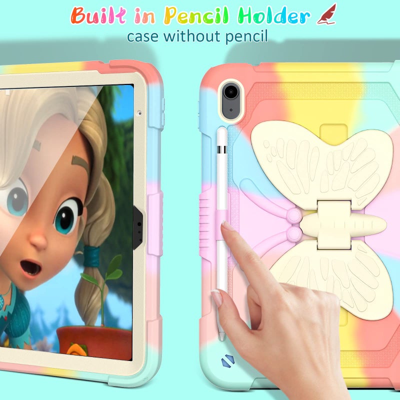 Ambison Case for iPad (A16) 11th/10th Generation (2025/2022) 11''/10.9'' for Kids Girls with 9H Tempered Glass Screen Protector, Heavy Duty Protective with Butterfly Stand, Carrying Strap-Multicolor - Image 4