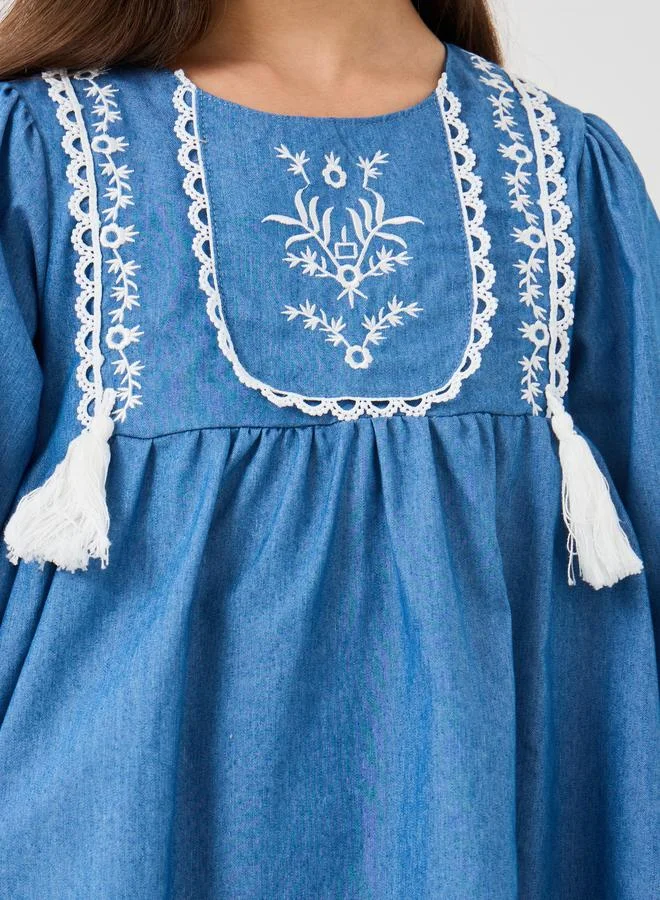Styli Styli Embroidered Balloon Sleeve Denim Dress