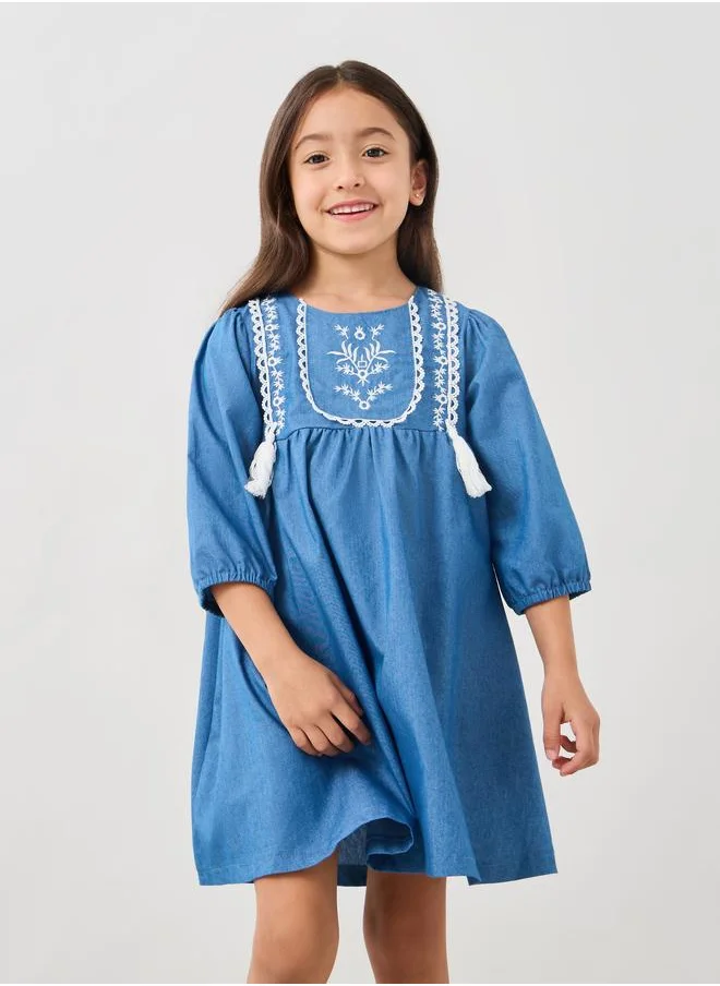 ستايلي Styli Embroidered Balloon Sleeve Denim Dress