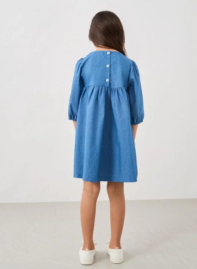 Styli Styli Embroidered Balloon Sleeve Denim Dress