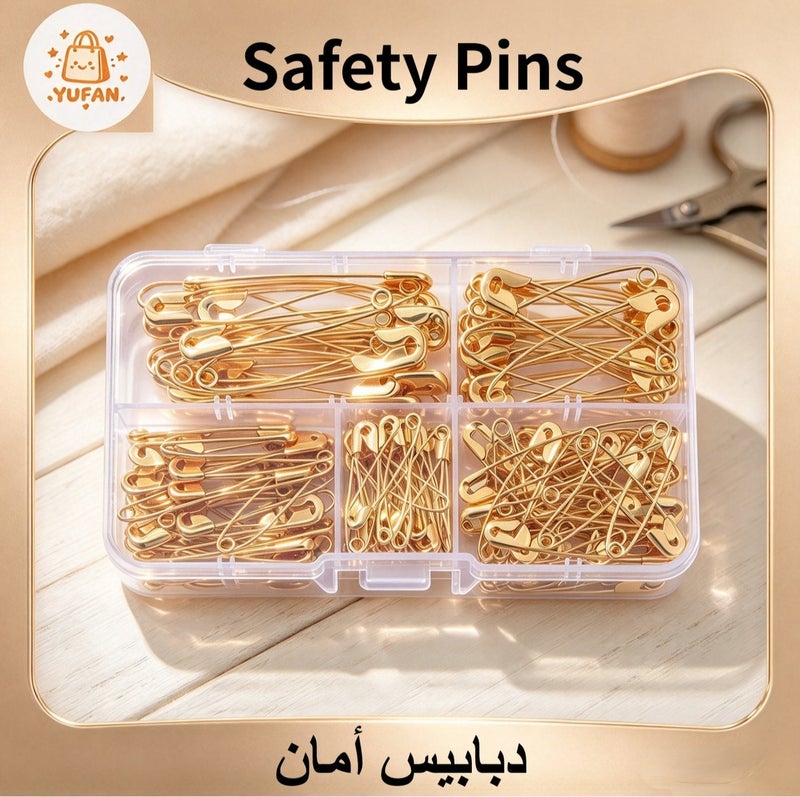 YUFAN Rust-Resistant Safety Pins, 150-Pack, 5 Sizes, Secure Safety Clasp, Gold Finish, Organized Storage Box, for Sewing, Quilting, Hijab Styling and Clothing Repair, Gold - Image 1