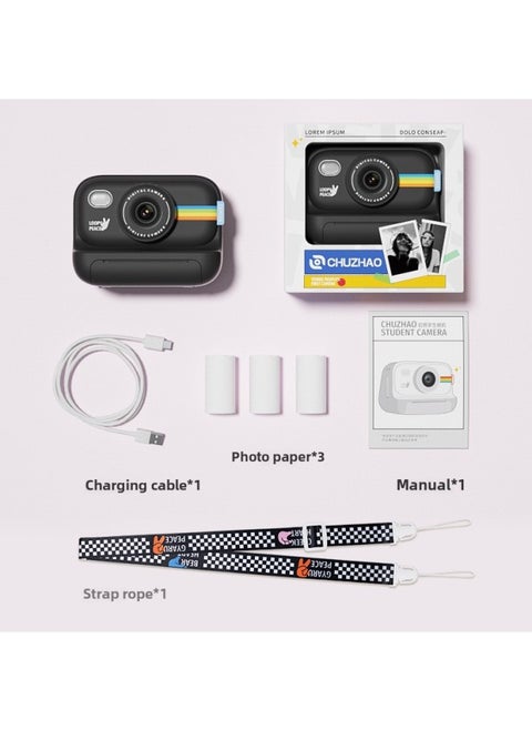 Explosions Children's Camera Photographable Printable Toy HD Polaroid Digital Camera Direct Sales-Color:Black With 3 Rolls Of Printing Paper With Memory Card