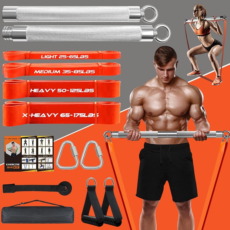 Detachable Resistance Band Bar Set for Home Gym 500LBS Capacity with 4 Stackable Bands Door Anchor Workout Guide