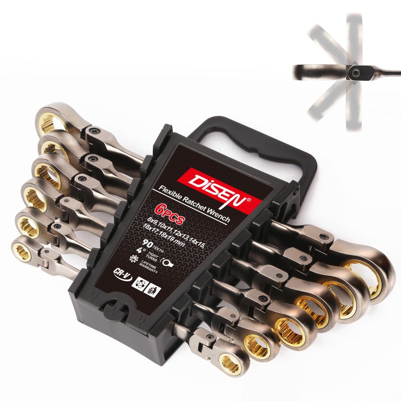 DISEN 6PCS 90 Teeth Ratcheting Wrench Set Double Box End Flex Head with Gray Nickel Coated Ratchet Wrench Set with Organizer, 12 Point 4Â° Swing Arc, CR-V Steel, for Home Daily Use, Gift for Man - Image 1