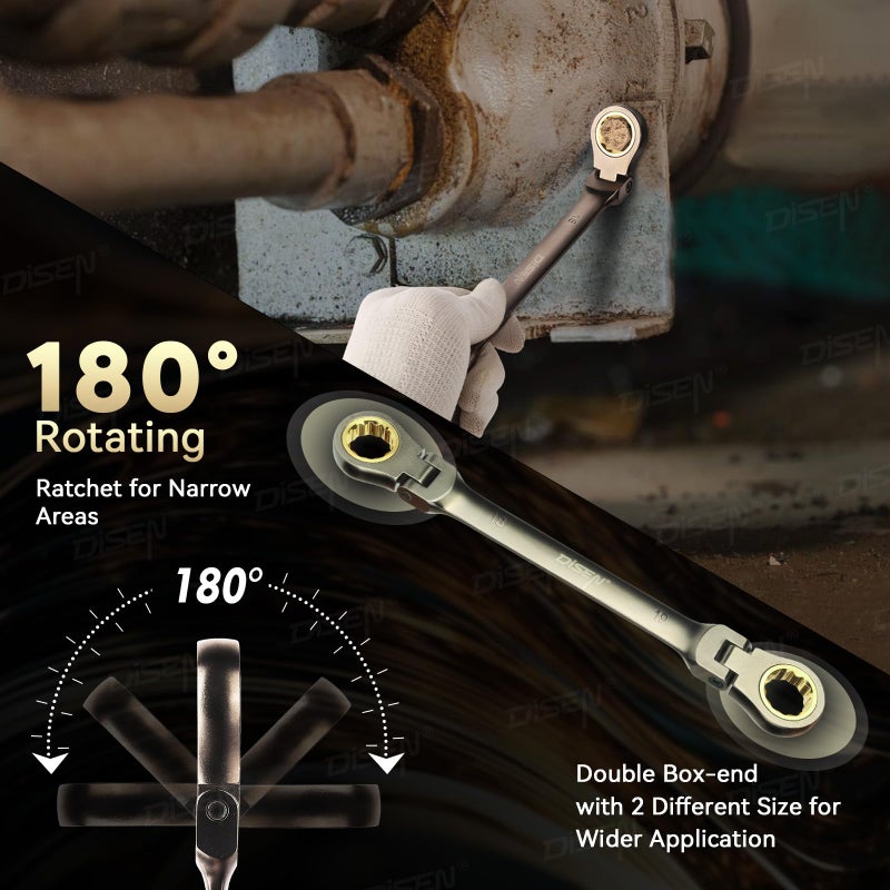 DISEN 6PCS 90 Teeth Ratcheting Wrench Set Double Box End Flex Head with Gray Nickel Coated Ratchet Wrench Set with Organizer, 12 Point 4Â° Swing Arc, CR-V Steel, for Home Daily Use, Gift for Man - Image 4