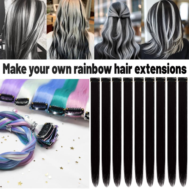 TOFAFA 22 inch Colored Hair Extensions, Colorful Clip in Long Straight Synthetic Hair Extensions, Color Christmas New Year Party Highlights Hairpieces for Kids Girls Women(10 PCS Black) - Image 2