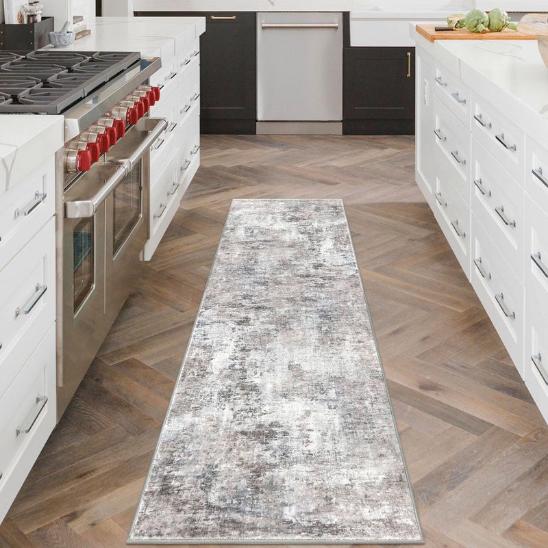 Lansny Abstract Runner Rug 2x6 Washable Runners for Hallways, Soft Kitchen Runner Rug Non-Slip, Beige Grey Thin Print Faux Wool Floor Carpet Rug Runner for Entryway Hall Bedroom Laundry Room Indoor - Image 2