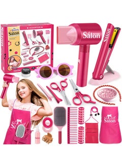 G.C Girls Hair Salon Toys Kids Pretend Play Hair Styling Kit With Realistic Blow Dryer Straightener Stylist Apron Scissors Accessories Beauty Makeup Set Birthday Gifts For Toddler Girls 3 4 5 6+  - Image 1