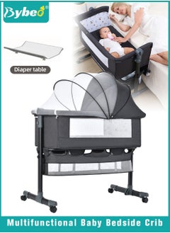 Bybeo 4-in-1 Baby Bedside Crib, Folding Baby Bassinet,Infant Cots, Portable Babies Bed Adjustable Infant Sleeper With Mosquito Net, Diaper Changing Table, Mattress & Storage Basket  - Image 1
