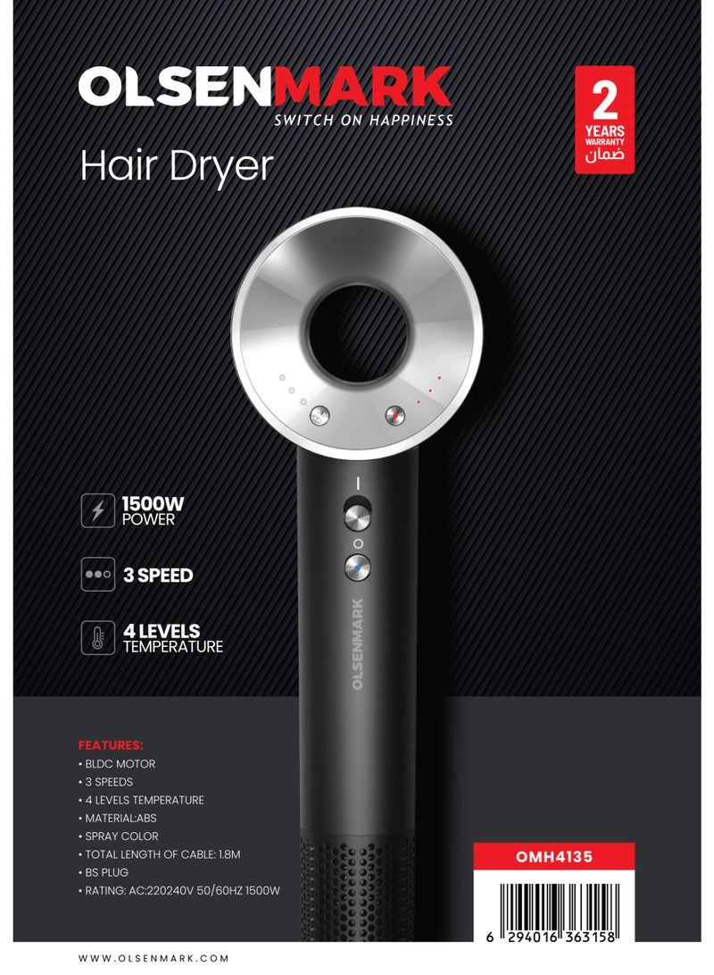 Olsenmark 1500W Hair Dryer – OMH4135 | BLDC Motor, 3 Speeds, 4 Temperature Settings | Quick & Powerful Drying | 2 Years Warranty black - Image 1