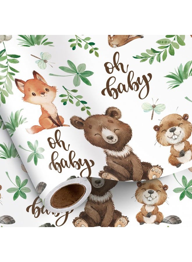 RUSPEPA Jungle Animal Wrapping Paper Roll for Boys Girls, Mini Roll, Woodland Animals with Bear Fox Deer Bunny Design, Forest Gift Wrap Perfect for Baby Shower, Kids' Birthday, 43.2cm x 5m - Image 1