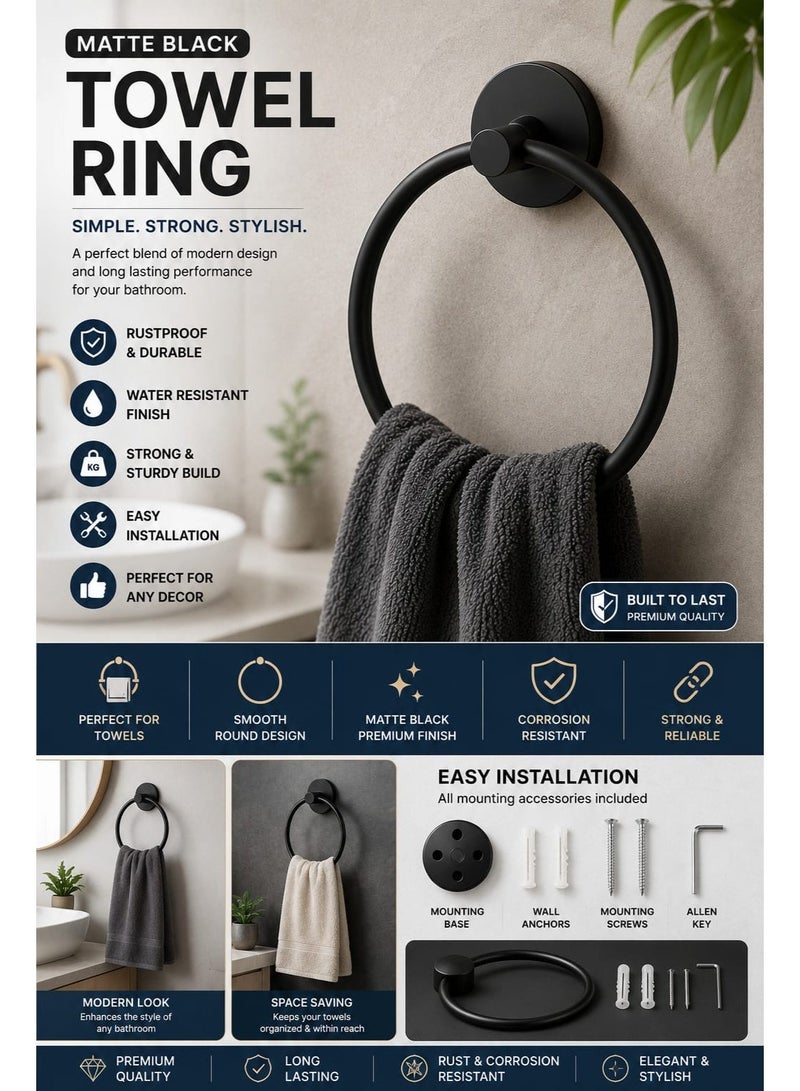 "Wall Mounted Matte Black Towel Ring Holder for Bathroom & Kitchen – Rustproof Stainless Steel" - Image 1