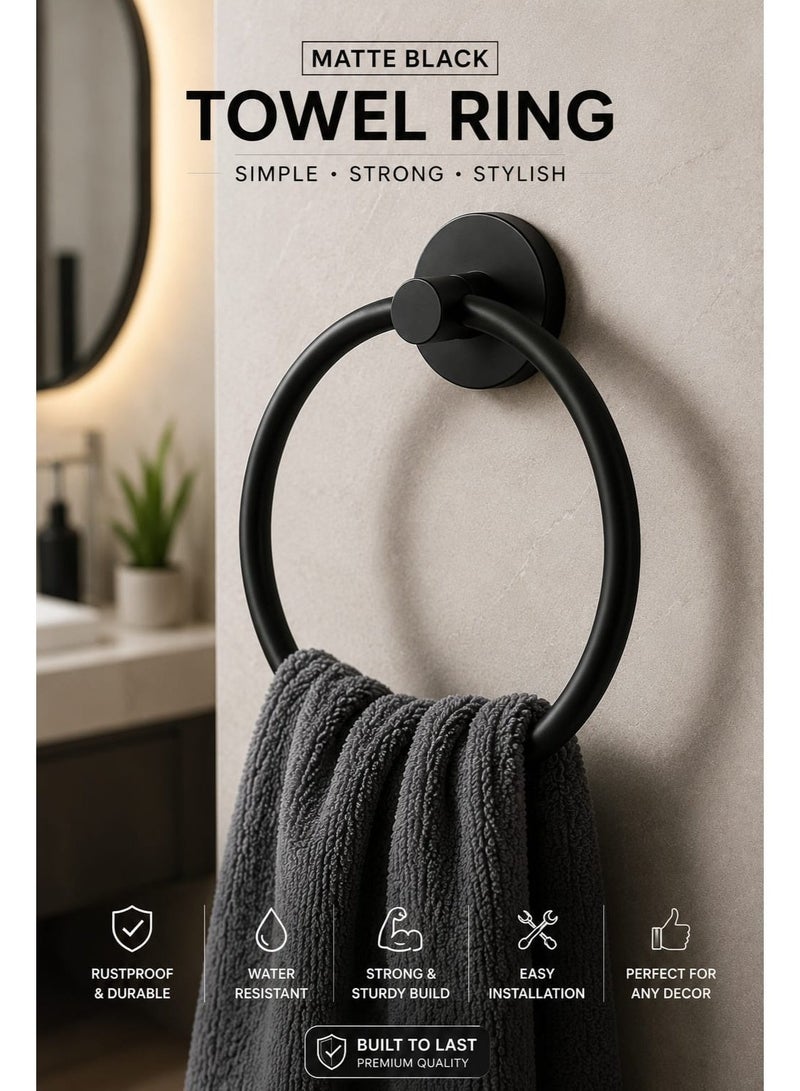 "Wall Mounted Matte Black Towel Ring Holder for Bathroom & Kitchen – Rustproof Stainless Steel" - Image 2