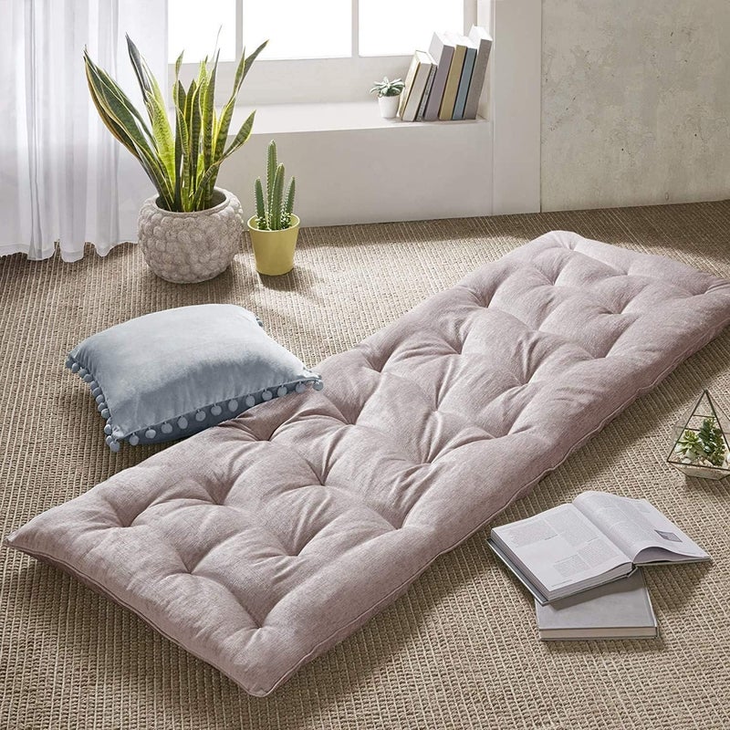 INDIDECOR INDIDECOR 80206 Classic Foldable Lounge Floor Pillow Cushion Tufted Guest Mattress for Meditation Game Playing Yoga Reading with Travel Wrap 74x27 Blush 