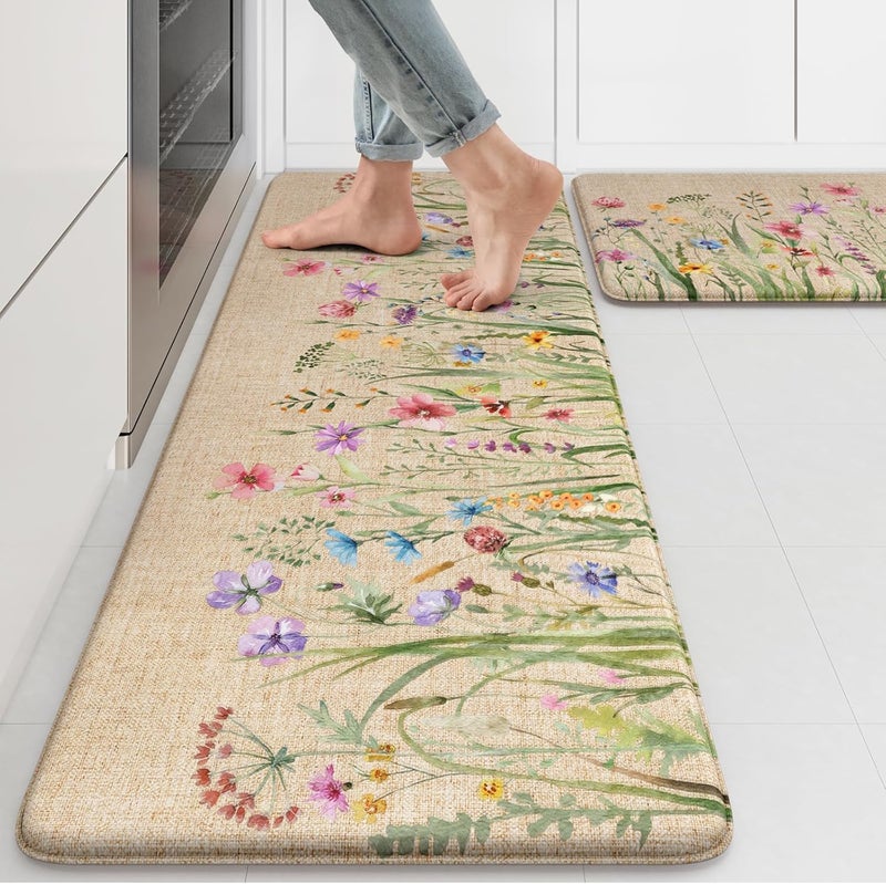 KIMODE Anti Fatigue Kitchen Mat, 17"x47"+17"x29" Floral Kitchen Rugs Sets of 2, Farmhouse Kitchen Floor Mats Non-Slip Cushioned, Comfort Standing Desk Mat for Sink, Laundry,Home Brown - Image 1