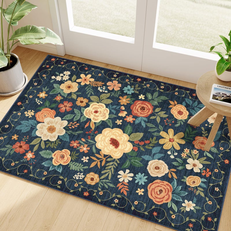 DUKINO 2x3 Rugs for Entryway, Floral Indoor Washable Door Mat, Non Slip Boho Small Rug for Kitchen, Soft Low Pile Front Door Throw Rug for Entrance, Bedroom, Kitchen, Laundry, Bathroom, Dark Blue - Image 1