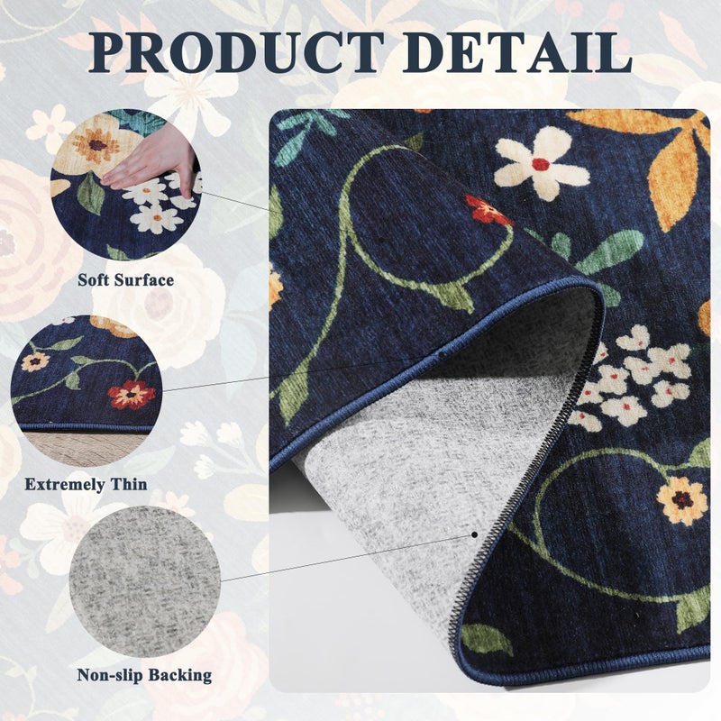 DUKINO 2x3 Rugs for Entryway, Floral Indoor Washable Door Mat, Non Slip Boho Small Rug for Kitchen, Soft Low Pile Front Door Throw Rug for Entrance, Bedroom, Kitchen, Laundry, Bathroom, Dark Blue - Image 5