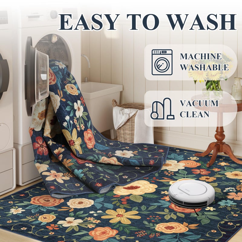 DUKINO 2x3 Rugs for Entryway, Floral Indoor Washable Door Mat, Non Slip Boho Small Rug for Kitchen, Soft Low Pile Front Door Throw Rug for Entrance, Bedroom, Kitchen, Laundry, Bathroom, Dark Blue - Image 4